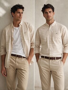 Lacoste Stripe Button Down XL 44 Beige Preppy Golf Shirt